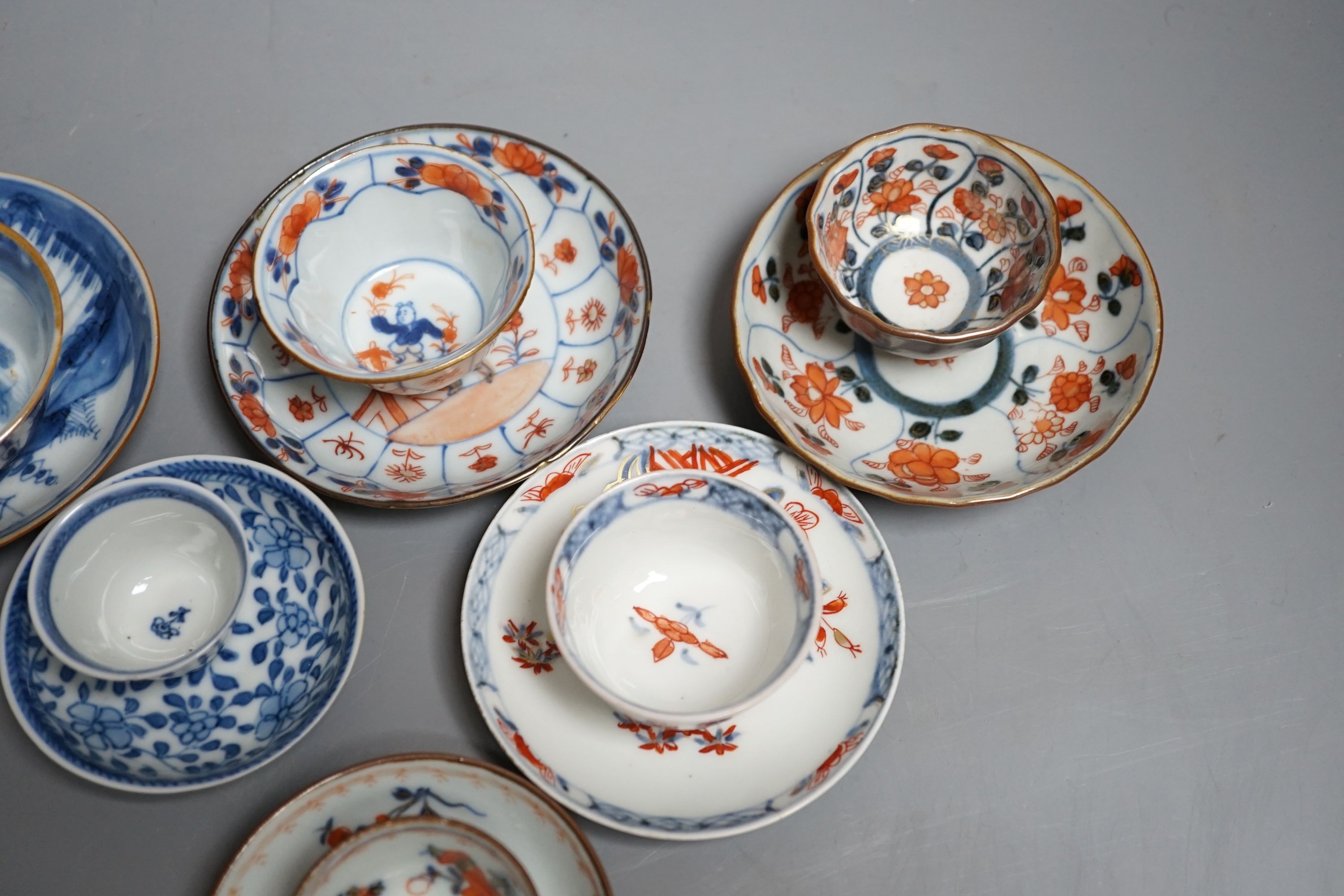 Six Chinese export porcelain teabowls and saucers, Kangxi to early Qianlong period. Provenance - Mona Sattin collection of miniature cups and saucers, collection no.s 310, 317, 324-326 and 328.